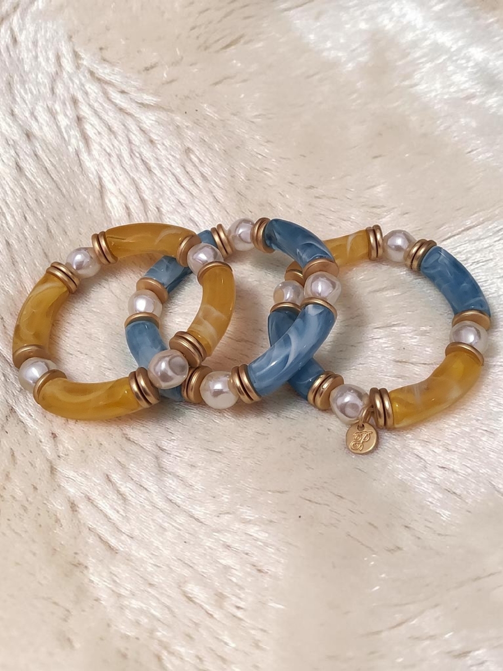 Plunder New Blue & Amber Pearl Accent Stretch Bracelet Set